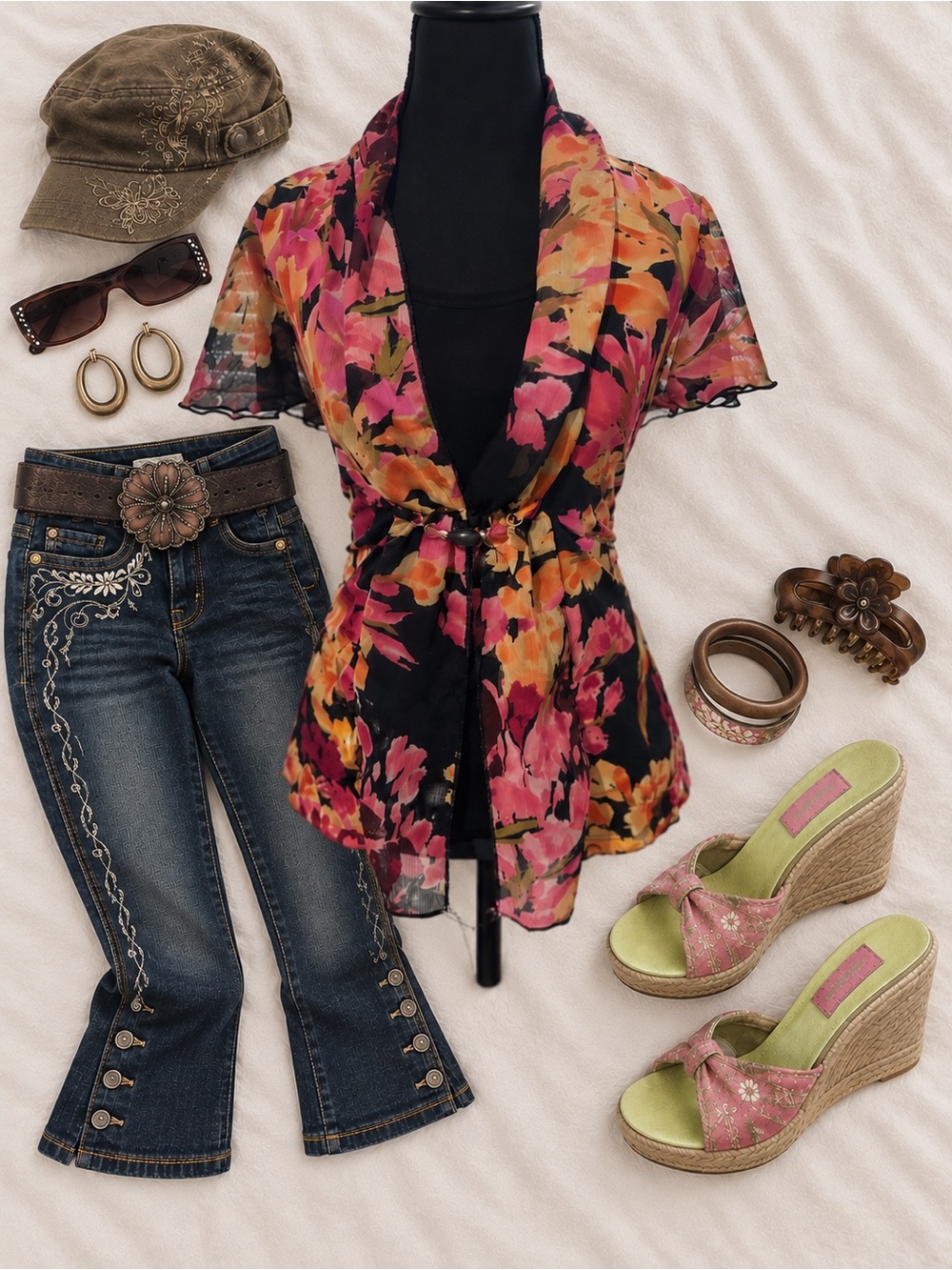 Vintage Y2K Floral Sheer Blouse Black Pink Orange Flutter Sleeve Babydoll Top